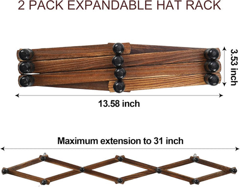 WGFKVAS 2 Pack Accordion Hat Rack for Wall, Expandable Wooden Coat Rack with 10 Peg Hooks for Hats and Coats