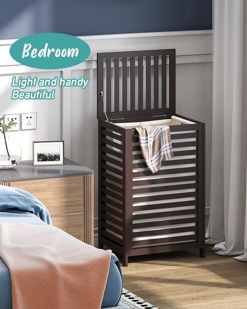 Laundry Hamper with Lid - 22.5 Gallon (85L) Bamboo Wood Clothes Basket with Lid and Handles, Brown