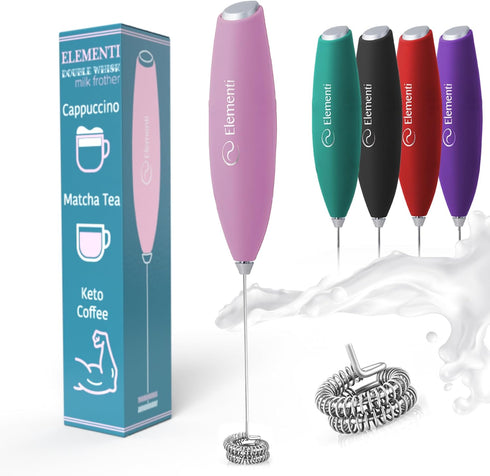 Elementi Handheld Milk Frother Double Whisk - Electric Stirrer, Matcha Whisk & Drink Mixer - Handheld Frother Whisk for