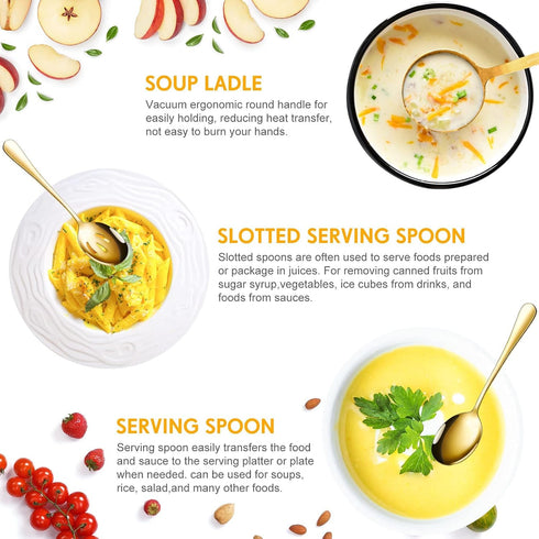 Serving Utensils Set of 10, Includes Large Spoons, Slotted Spoons, Forks, Tongs, and Soup Ladle in Gold