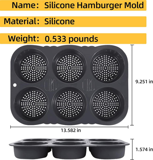 Silicone Hamburger Bun Mold, 6 Cavity Loaf Pan, Non Stick Baking Tool for Easy Release Household Baking