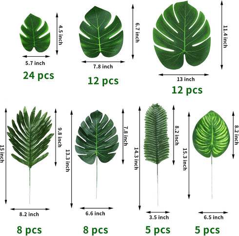 74 Pcs Artificial Palm Leaves, 7 Kinds Tropical Fake Leaves for Safari Jungle Hawaiian Dinosaur Luau Party Decoration