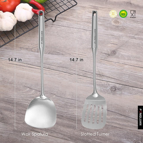 Stainless-Steel Turner Spatula Set, Set of 2, Slotted Turner, Wok Spatula, Heavy Duty Metal Kitchen Utensils for Cooking by FONGLUAN