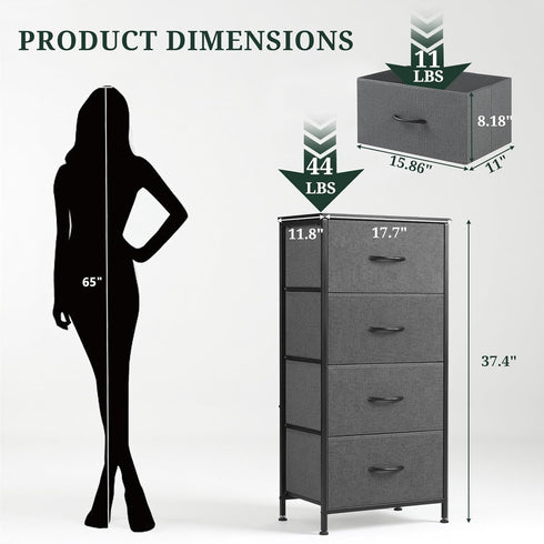 4 Closet, Nightstand, Drawer Dresser End Table Bedside Furniture with Wooden Top Steel Frame Fabric Bins for Bedroom