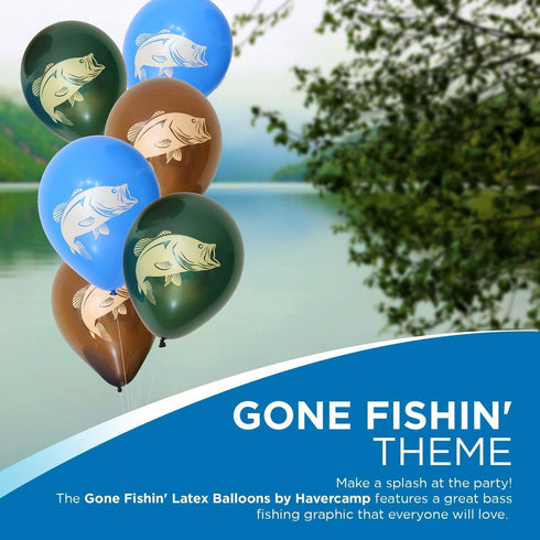 Gone Fishin' Party Balloons (6 pcs.) - 12" Latex Balloons in 3 Vibrant Colors with Largemouth Bass Print