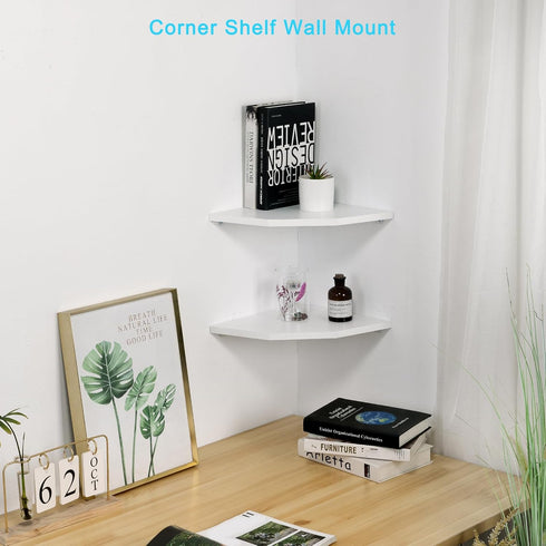 Corner Wall Shelves Set of 2, Rustic Wood Floating Shelves with Cable Raceway for TV Accessories and Baby Monitor