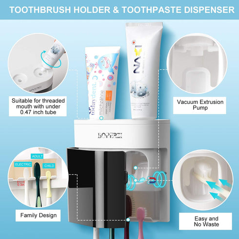 Boperzi Dustproof Cover Toothbrush Holder Wall Mounted Automatic Dispenser for Shower Bathroom Set with 2 Toothpaste