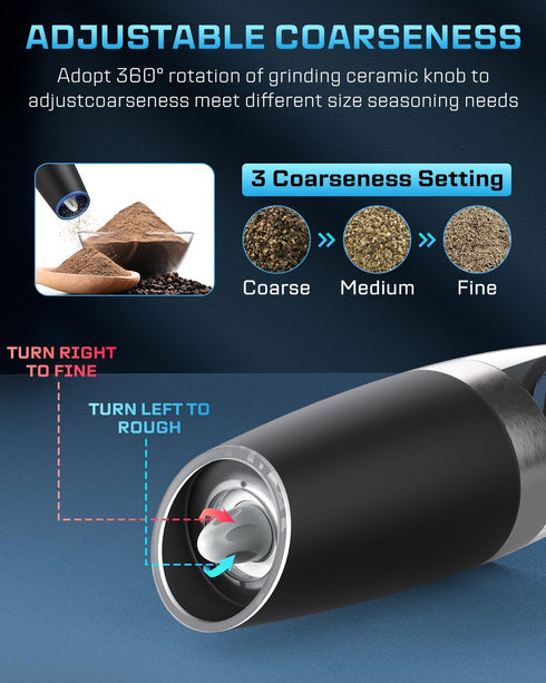 XinXu Gravity Automatic Electric Pepper and Salt Grinder, Auto Mill Shaker, Stainless Steel, Black with Blue LED Light