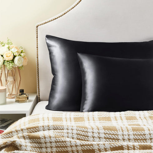 BEDELITE Satin Pillowcase for Hair and Skin, 2 Pack Super Soft Cooling Pillow Cases with Envelope Closure, Black