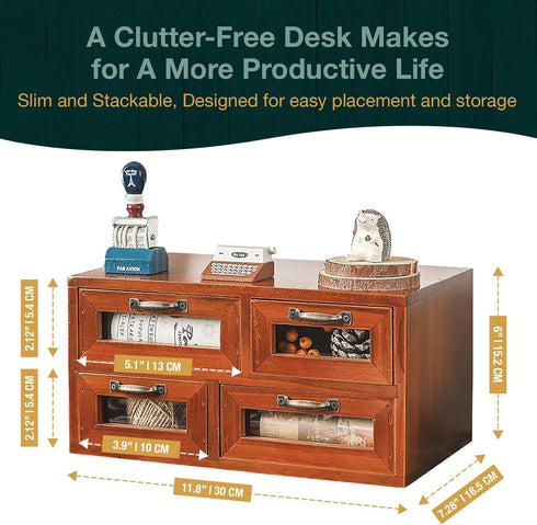 Store and Display Wooden Desk Top Organizer Cabinet, Mahogany Wood Chest with 4 See-Through Drawers