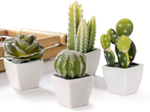 Artificial Mini Succulent & Cactus Plants, Set of 4 in White Cube-Shaped Pots for Home Decor