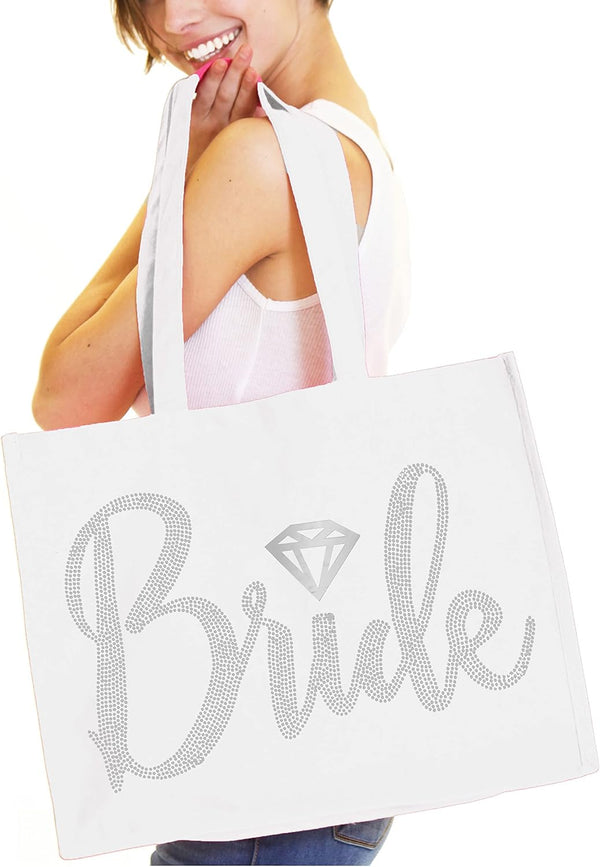 Giant 18" x 14" Canvas Bride Tote Bag - Diamond Motif Rhinestone Totes - Wedding Accessories & Bridal Shower Gifts