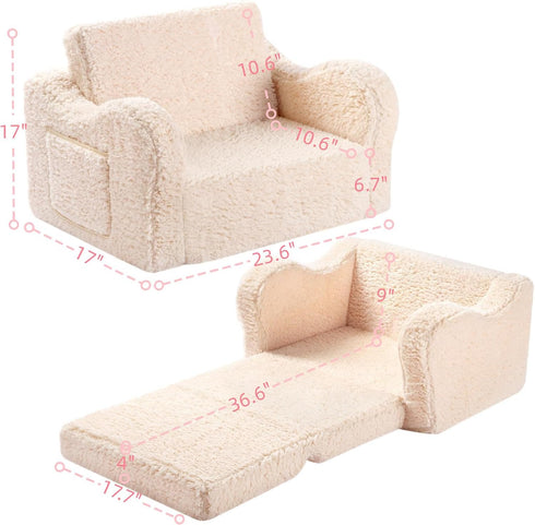 2-in-1 Cozy MOMCAYWEX Kids Sofa, Flip-Out Foam Couch with Soft Sherpa Cover, Play Lounge Chair, Cream