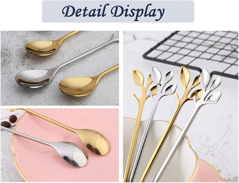 Gold Leaf Coffee Spoon Set of 4, Retro Dessert Demitasse Espresso Spoons, 4.7 Inches Cutlery Kitchen Tableware