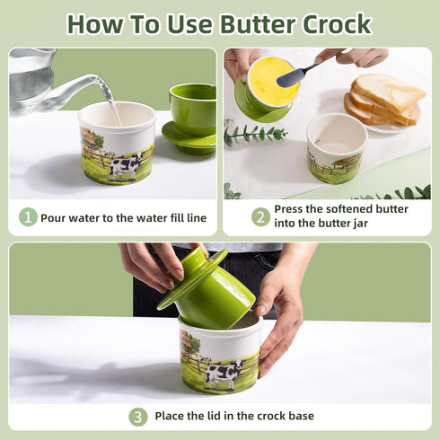 XRBEOU Countertop, Counter Ceramic Butter Crock With Lid for Embossed Cow Butter Holder Container for with Water