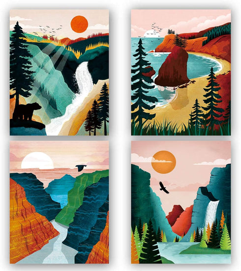 National Park Poster Set of 4, Nature Wall Art Prints for Home Decor, Grand Canyon, Sierra Nevada, Olympic Parks