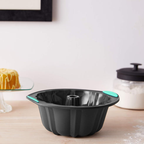 Trudeau Structure Silicone Fluted Cake Pan, Grey & Mint, 8.5 Cups
