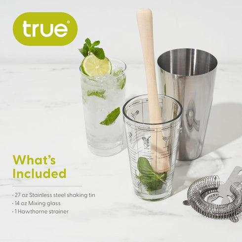 3-Piece Set 7 True Barware for Mixed Drinks and Cold Brew Cocktails, Includes Cocktail Shaker Tin, Cocktail Mixing