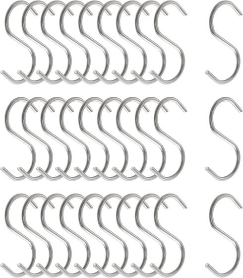 30pcs 2 Inch Silver S Shape Hooks, Heavy-Duty Hanging Hooks for Pot Pan Hanger, Kitchen Tools