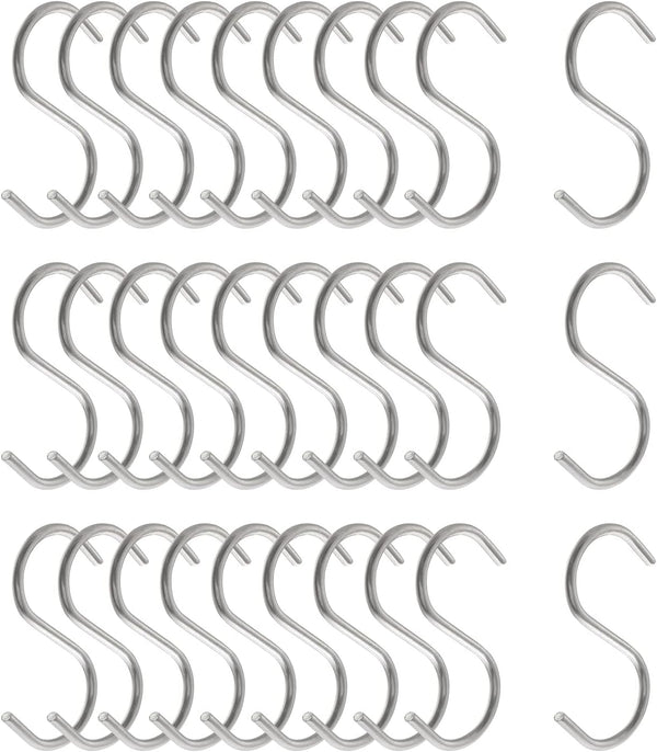 30pcs 2 Inch Silver S Shape Hooks, Heavy-Duty Hanging Hooks for Pot Pan Hanger, Kitchen Tools