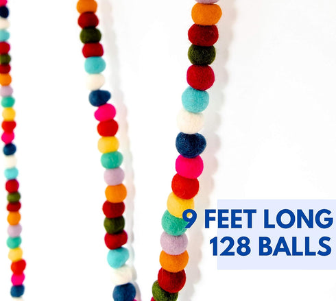 Colorful Felt Ball Pom Pom Garland | 9 Ft | 100% Wool Felt | Spring, Easter, Birthday, Christmas Boho Rainbow Decor