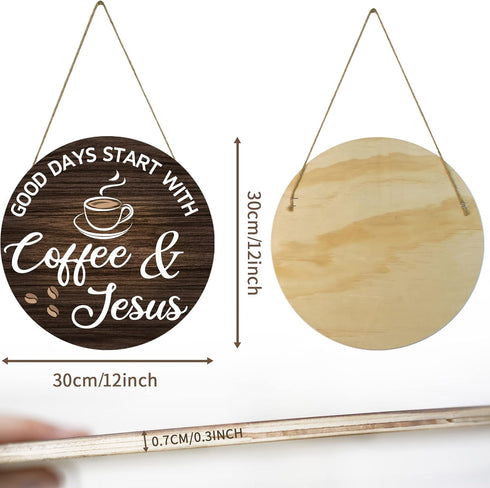 HMASYO Wood Coffee Signs, Good Days Start with Coffee & Jesus, Farmhouse Wall Sign Decor for Kitchen, 12'' x 12''