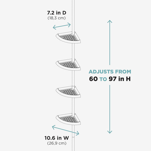 Zenna Home Tension Pole Shower Caddy, 4 Shelves, Adjustable 60 to 97 Inch, in White