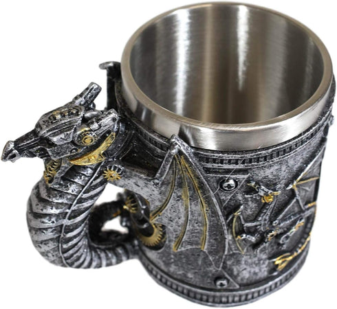 Ebros Gift Steampunk Nightcrawler Silver Firewheel Cyborg Dragon Beer Stein Tankard Coffee Mug