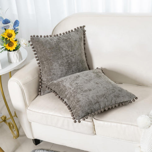 HWY 50 Decorative Throw Pillow Covers Set of 2 - Chenille Solid Soft Cushion Cases with Pom Poms, 20x20 Inch Grey