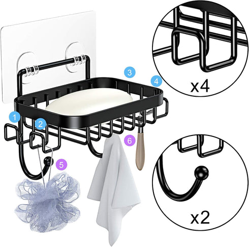 ODesign Soap Dish Holder with 6 Hooks for Loofah Bath Sponge Towel Razor, Adhesive Wall Mounted No Drilling - Black - 1