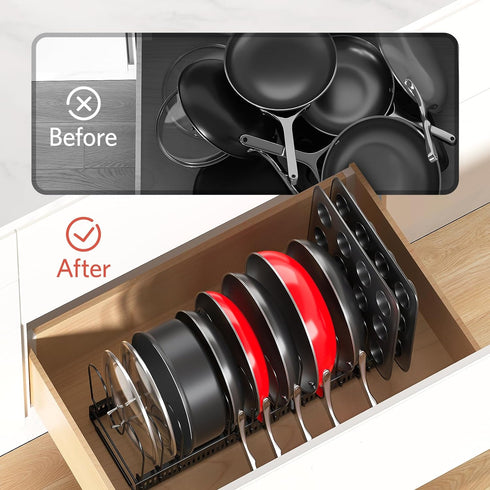 ORDORA Pots and Pans Organizer, Under Cabinet Rack with 12 Adjustable Dividers, 11.8''-22.8'' Kitchen Cabinet Organizer