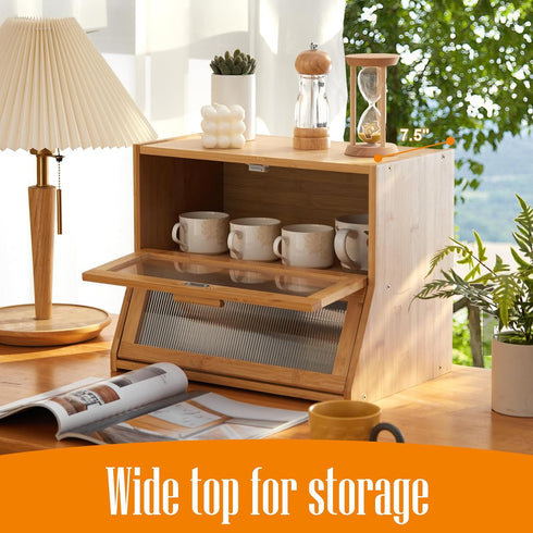 GHWIE Double Layer Bamboo Bread Box, Large Capacity Kitchen Counter Storage Bin with Acrylic Wavy Door Panel, Natural