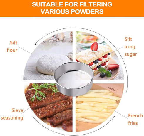 Sifter for Baking, Stainless Steel Round Flour Sifter with Dough Scraper, Diameter 6-8-10-12inch, Mesh-Hole Size 0.25mm