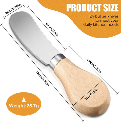 24 Pcs Little Cheese Spreader Knives, 4.7 Inch Stainless Steel Butter Spreader Knives with Wooden Handle, Mini Butter