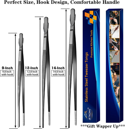 JETKONG Extra Long Kitchen Tweezers, Heavy Duty Stainless Steel Cooking Tweezers Set of 3 (9, 12, 14 Inch)