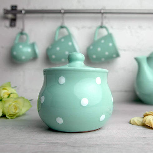 City to Cottage Ceramic Sugar Bowl with Lid - 10oz Sugar Container for Coffee Bar, Handcrafted Turquoise Blue