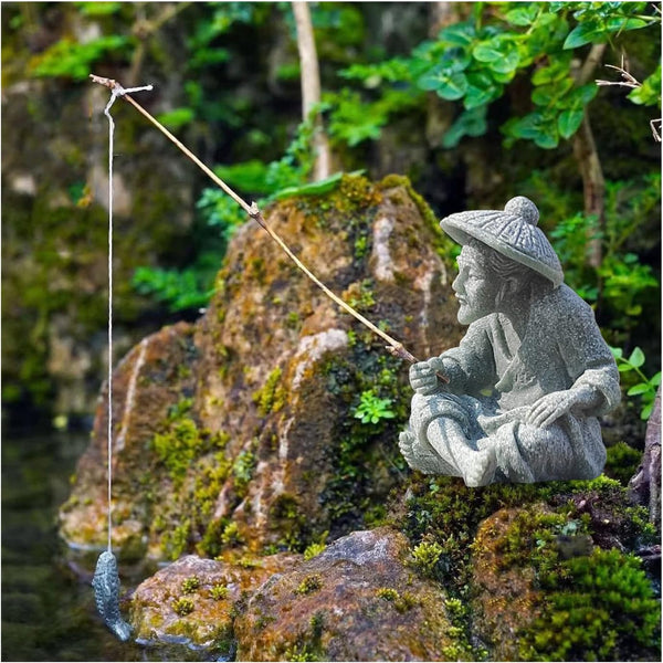 Asian Zen Mini Fisherman Statue, Vintage Sandstone Ornament for Fish Tank, Pot, Garden Home Decor