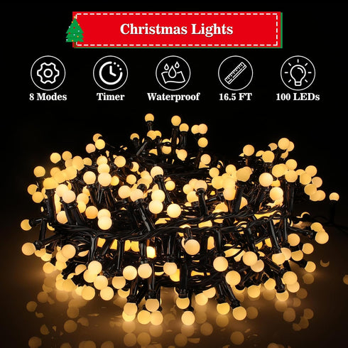 16Ft 100LEDs 8 Christmas Lights Battery-Powered,Mimi Globe Lights Modes,Indoor Outdoor Cluster String Lights
