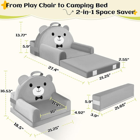Cozy Kids Sofa Bed with Removable Washable Cover & Magic-Tape Backrest Foldable Toddler Chair Kid Couch, Crystal Velvet