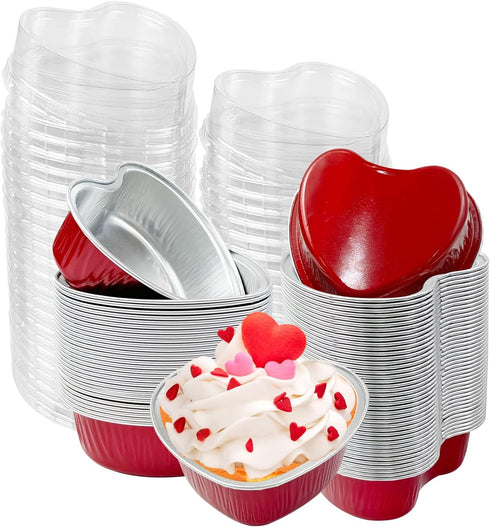 50Pcs Mini Heart Shaped Cake Pans with Lids, 100 ml Disposable Cupcake Cup, Mini Aluminum Foil Baking Cups, Red