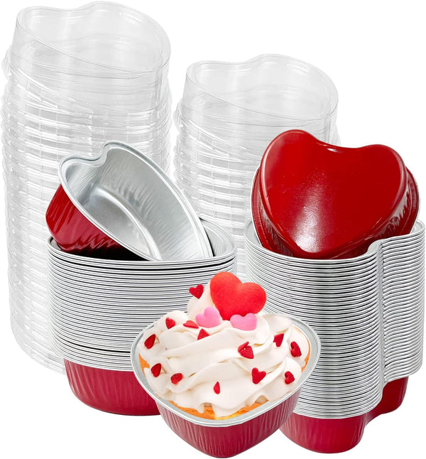 50Pcs Mini Heart Shaped Cake Pans with Lids, 100 ml Disposable Cupcake Cup, Mini Aluminum Foil Baking Cups, Red