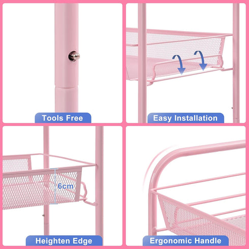 TOOLF 3-Tier Metal Rolling Cart, Utility Trolley on Wheels with 3 Hooks, Easy Assemble Mesh Wire Storage for Kitchen