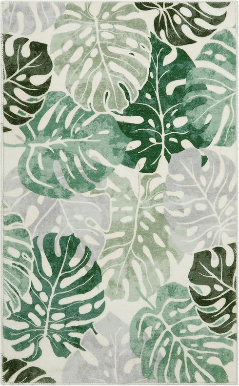 3x5 Wonnitar Monstera Washable Rug, Sage Green Leaf Area Rugs for Bedroom, Non-Slip Living Room Entry Throw Mat, Low