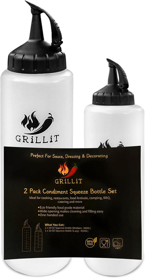 2 Pack (10 &16 oz) Squeeze Bottles for Sauces - Squirt Bottles for Liquids - Ketchup, Mayonnaise, Condiments, Mustard