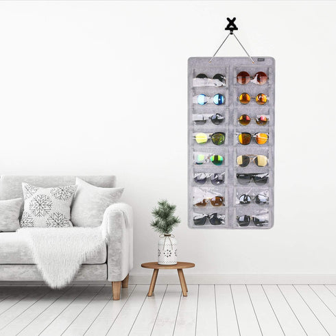 AROUY Sunglasses Organizer Storage, Hanging Dust Proof Wall Pocket with 16 Felt Slots and Metal Hook (Gray)