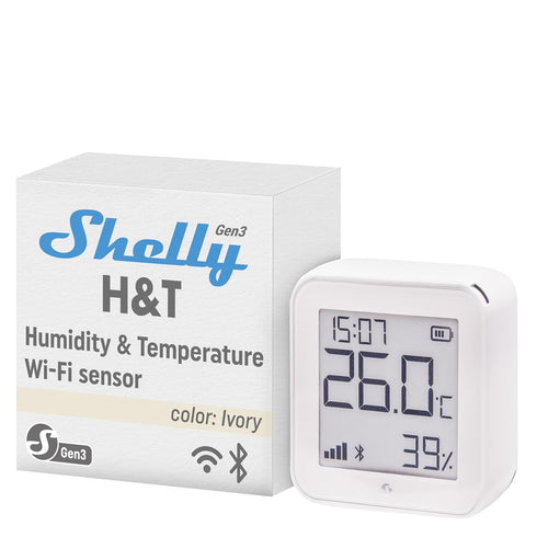 Shelly H&T Gen3 Smart Temperature & Humidity Sensor, Ivory | Wi-Fi & Bluetooth, Remote App Control, LCD Display, Free