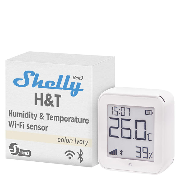 Shelly H&T Gen3 Smart Temperature & Humidity Sensor, Ivory | Wi-Fi & Bluetooth, Remote App Control, LCD Display, Free