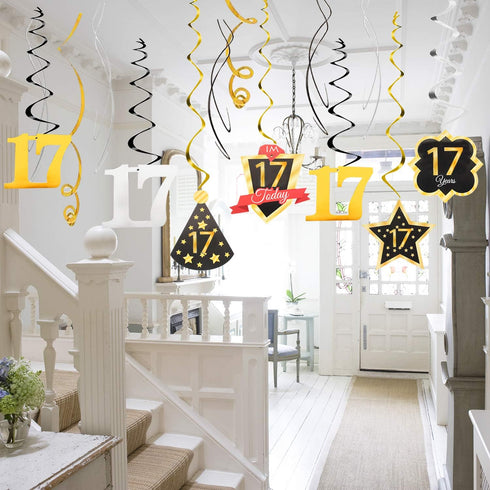LINGTEER Happy 17th Birthday Decorations - 12 Pcs Black & Gold Foil Swirls Streamer Set for Seventeen Years Old Bday
