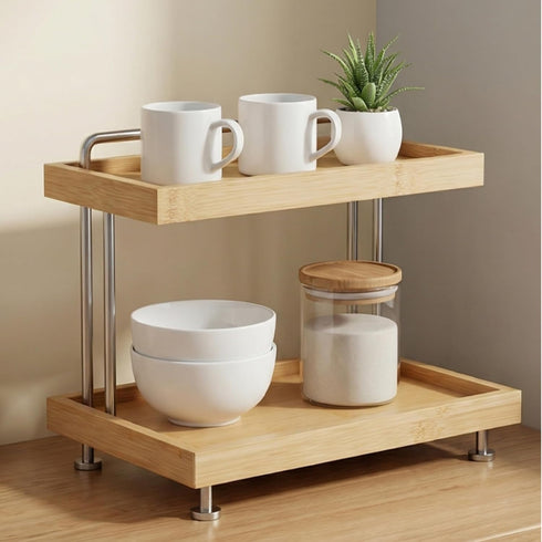 Bamboo Two-Tier Organizer for Kitchen, Bathroom, and Office - Sturdy Storage Rack