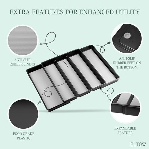 ELTOW Expandable Utensil Drawer Organizer, 5 Compartment Non-Slip & Adjustable Large Tray for Kitchen Drawers, Black